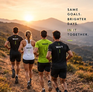 Friends running a trail in WIIT kit at sunset